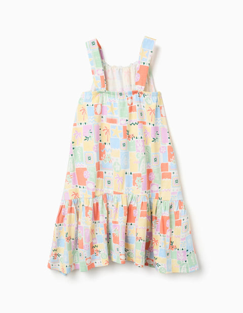 Sleeveless Cotton Dress with Colourful Print for Girls, Multicolour