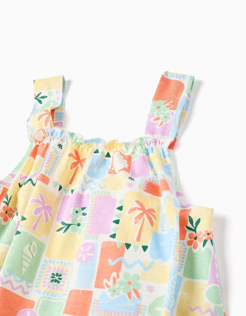 Sleeveless Cotton Dress with Colourful Print for Girls, Multicolour