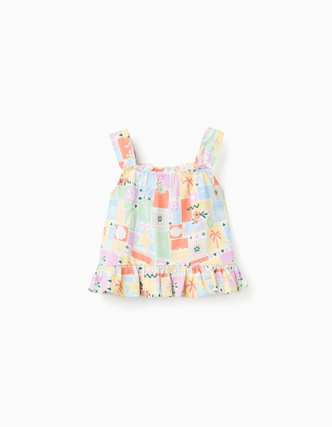 Sleeveless Cotton Top with Colourful Print for Girls, Multicolour