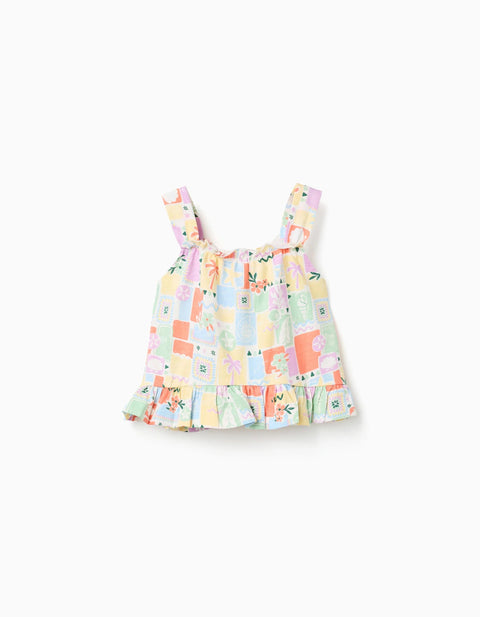 Sleeveless Cotton Top with Colourful Print for Girls, Multicolour