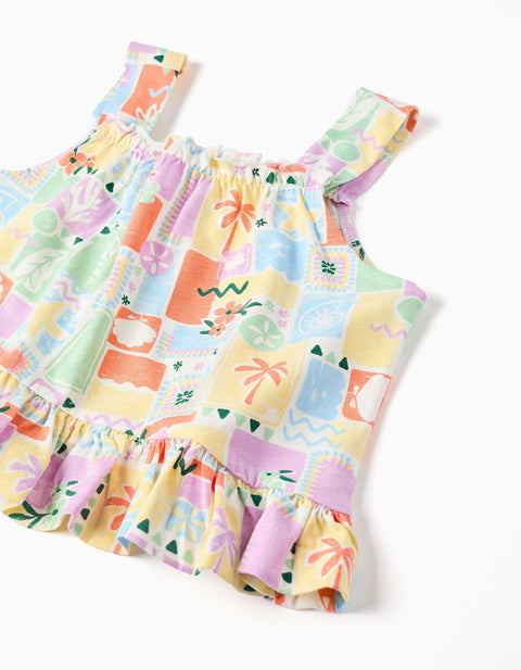 Sleeveless Cotton Top with Colourful Print for Girls, Multicolour