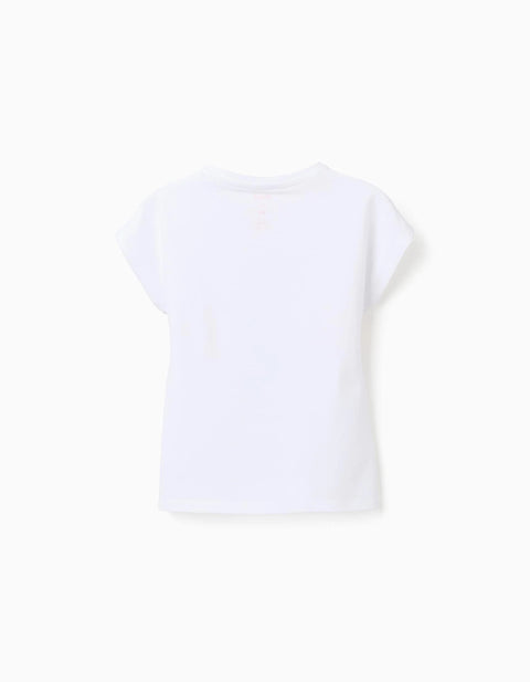 Cotton T-Shirt with Stitch and Scrump Print for Girls, White
