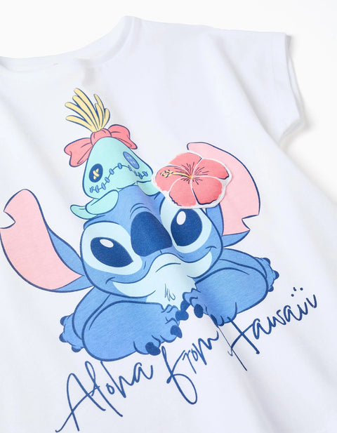 Cotton T-Shirt with Stitch and Scrump Print for Girls, White