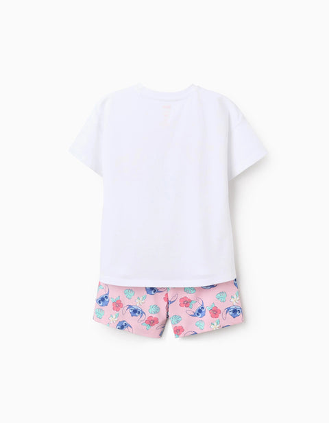 Cotton T-Shirt and Shorts Set with Stitch Print for Girls, White/Pink