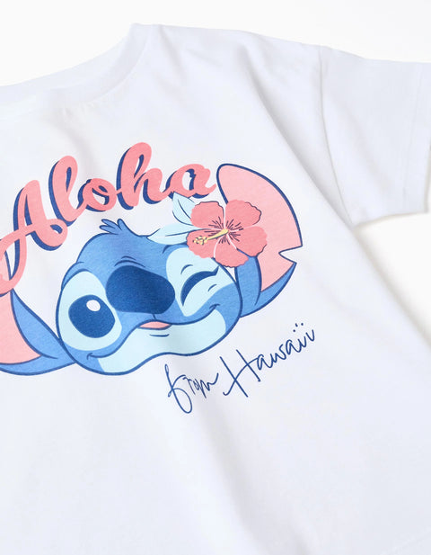 Cotton T-Shirt and Shorts Set with Stitch Print for Girls, White/Pink