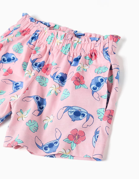 Cotton T-Shirt and Shorts Set with Stitch Print for Girls, White/Pink