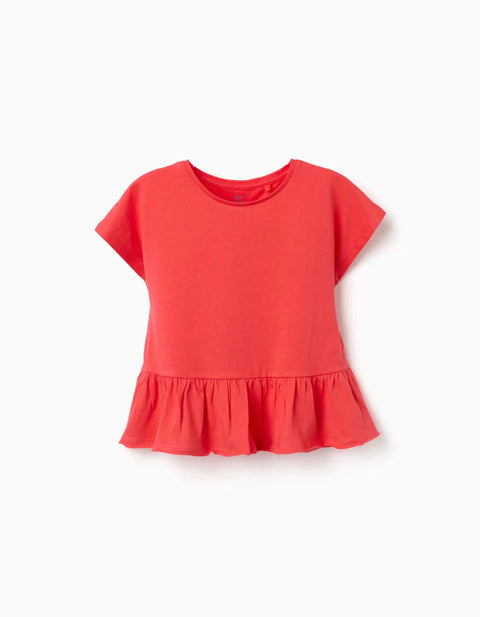 Cotton T-Shirt with Ruffled Hem for Girls, Coral