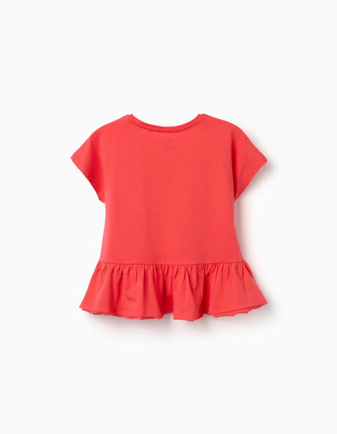 Cotton T-Shirt with Ruffled Hem for Girls, Coral