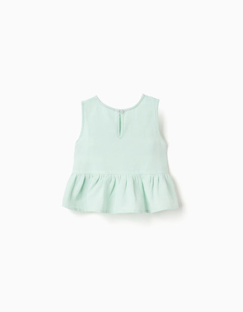 Sleeveless Top in Cotton and Linen with Ruffles for Girls, Light Green