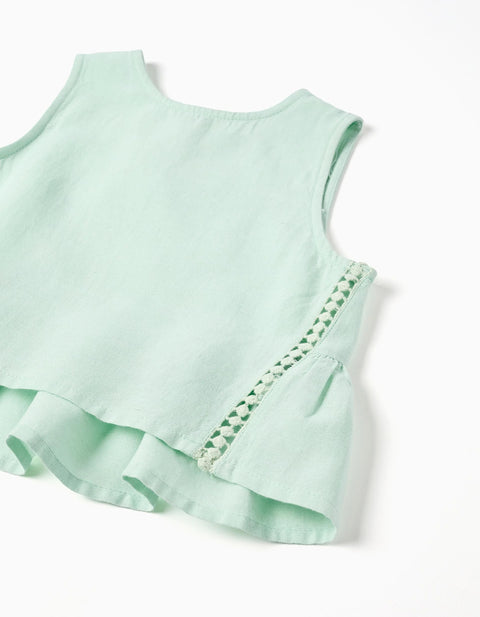 Sleeveless Top in Cotton and Linen with Ruffles for Girls, Light Green