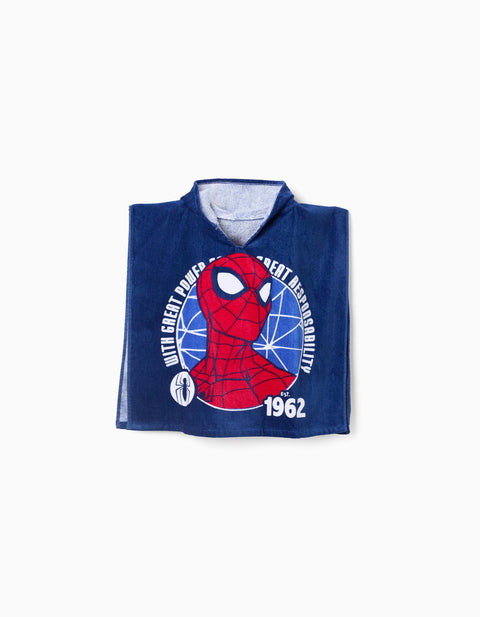 Hooded Beach Poncho in Cotton with Spider-Man for Boys, Dark Blue