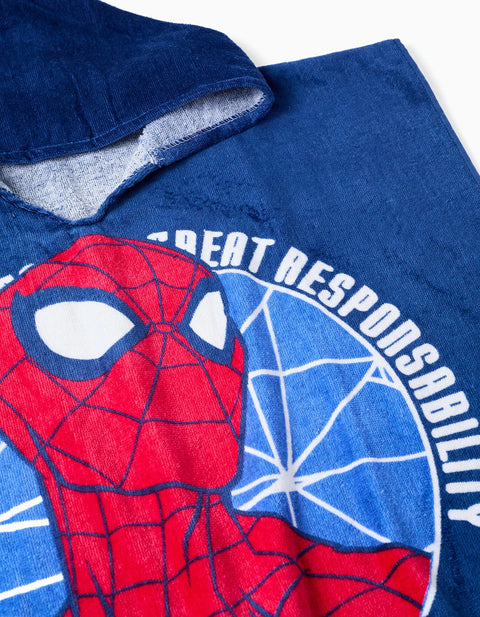 Hooded Beach Poncho in Cotton with Spider-Man for Boys, Dark Blue