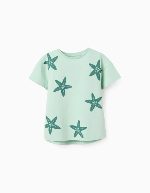 Cotton T-Shirt with Starfish Print for Girls, Light Green
