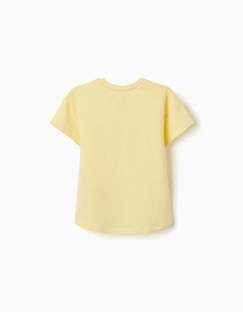 Cotton T-Shirt with Alma de Mar Print for Girls, Yellow