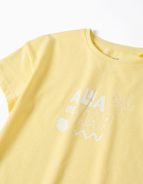 Cotton T-Shirt with Alma de Mar Print for Girls, Yellow
