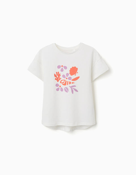 Cotton T-Shirt with Shell Print and Dropped Shoulders for Girls, White