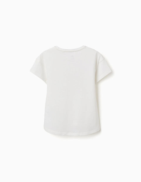 Cotton T-Shirt with Shell Print and Dropped Shoulders for Girls, White