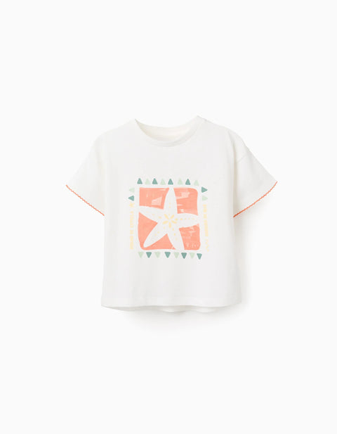 Cotton T-Shirt with Starfish Print for Girls, White/Orange/Green