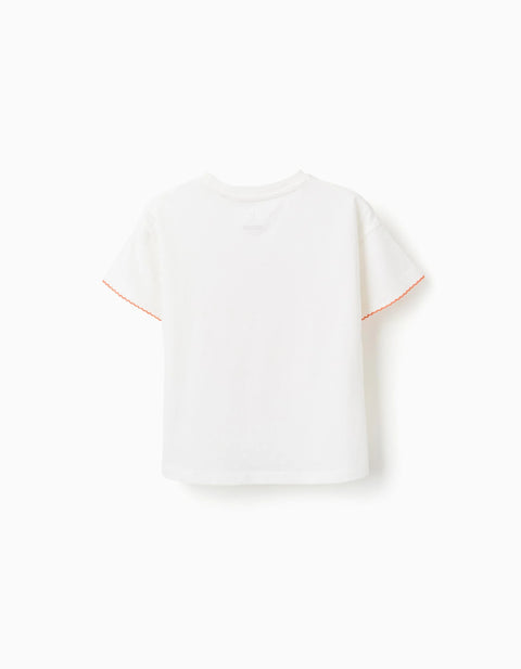 Cotton T-Shirt with Starfish Print for Girls, White/Orange/Green