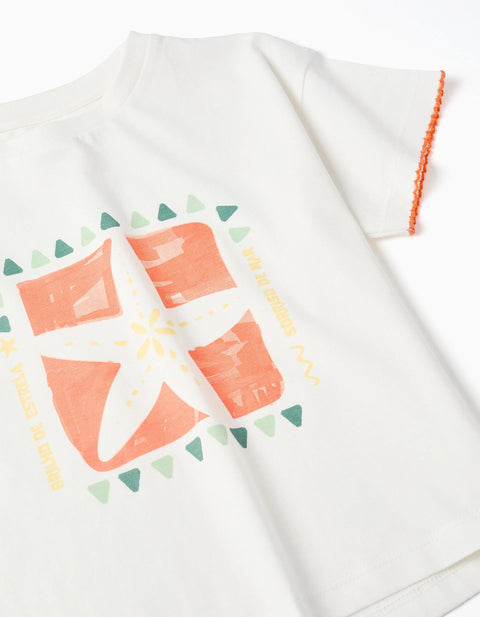 Cotton T-Shirt with Starfish Print for Girls, White/Orange/Green
