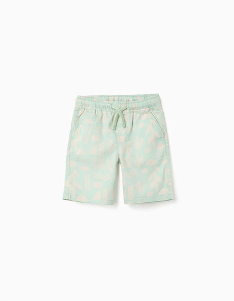 Midi Twill Shorts with Beach Motif for Boys, Light Green