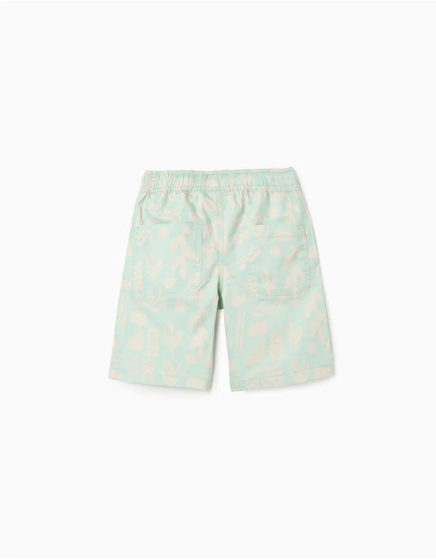 Midi Twill Shorts with Beach Motif for Boys, Light Green