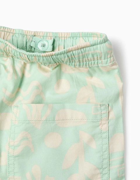 Midi Twill Shorts with Beach Motif for Boys, Light Green