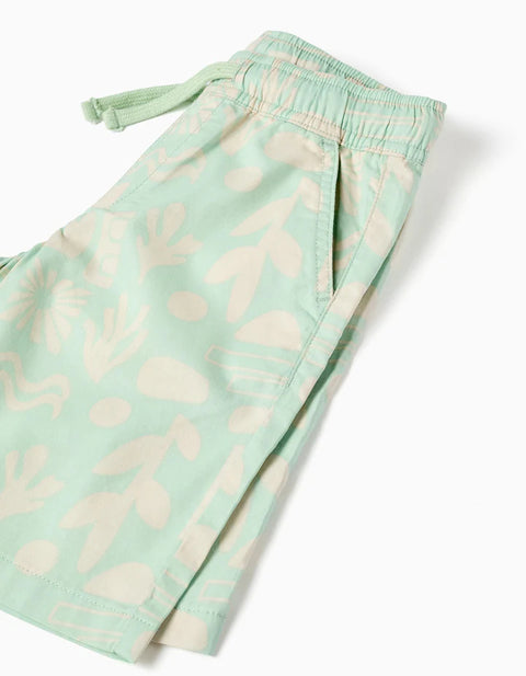 Midi Twill Shorts with Beach Motif for Boys, Light Green