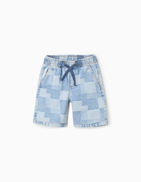 Midi Denim Shorts with Checkered Pattern for Boys, Blue