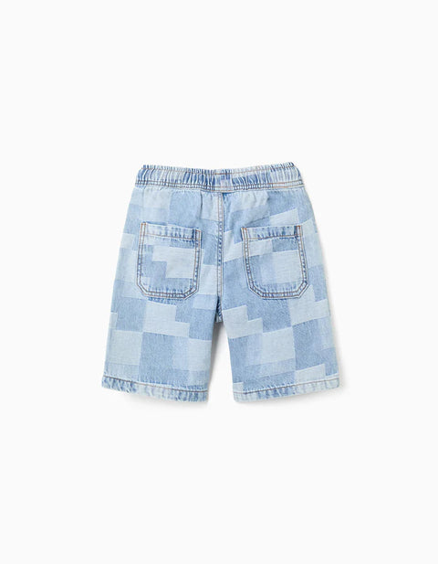 Midi Denim Shorts with Checkered Pattern for Boys, Blue