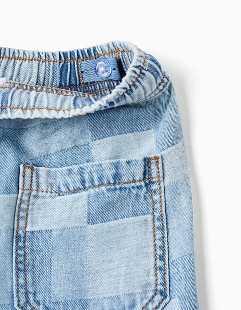 Midi Denim Shorts with Checkered Pattern for Boys, Blue