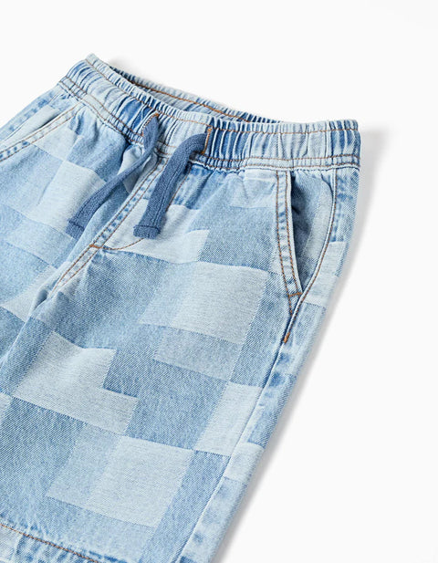 Midi Denim Shorts with Checkered Pattern for Boys, Blue
