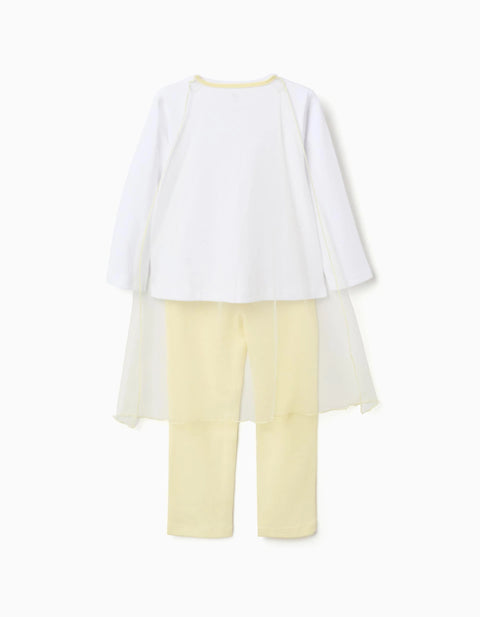 Long Sleeve Cotton Pyjamas with Removable Cape for Girls, White/Yellow