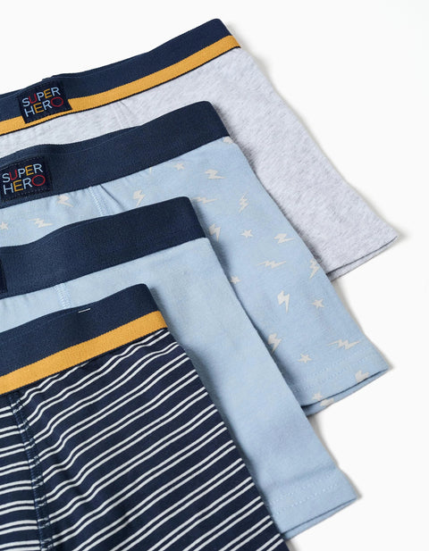 Pack of 4 Plain/Printed Boxer Shorts for Boys, Blue/Grey/Yellow