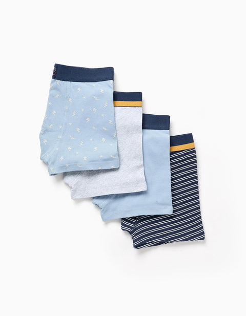 Pack of 4 Plain/Printed Boxer Shorts for Boys, Blue/Grey/Yellow