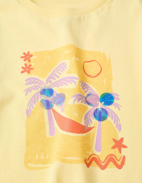 Cotton T-Shirt with Palm Trees Print and Sequins for Girls, Yellow