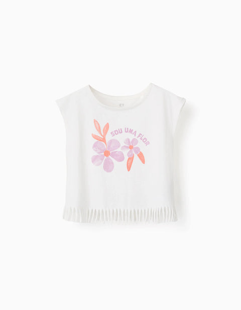 Cotton T-Shirt with Flower Print and Fringes for Girls, White