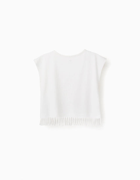 Cotton T-Shirt with Flower Print and Fringes for Girls, White