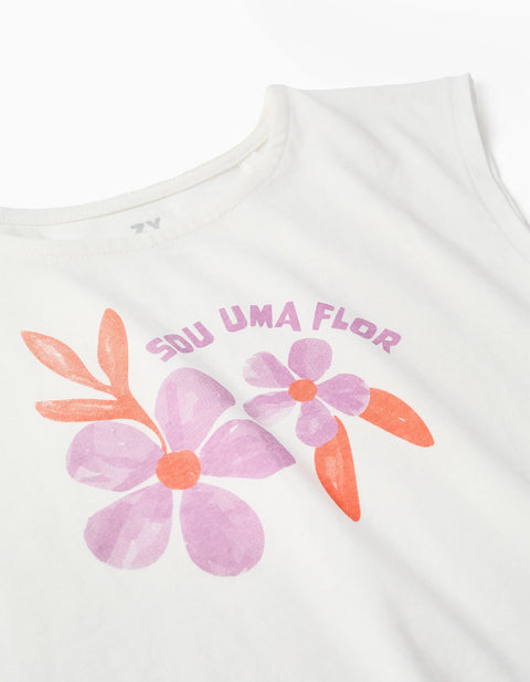 Cotton T-Shirt with Flower Print and Fringes for Girls, White