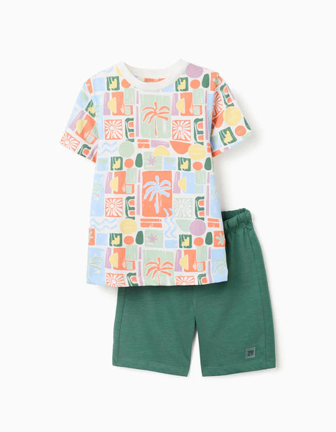 Cotton T-Shirt with Beach Print + Shorts for Boys, Multicolour