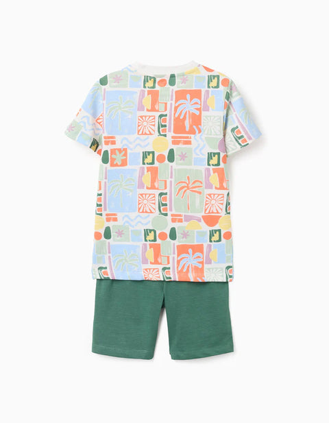 Cotton T-Shirt with Beach Print + Shorts for Boys, Multicolour