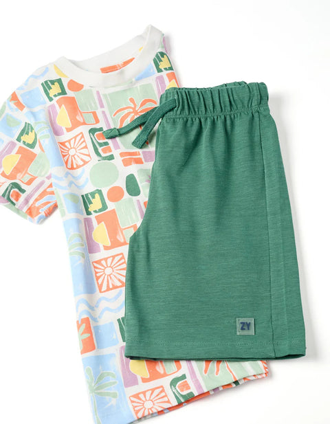 Cotton T-Shirt with Beach Print + Shorts for Boys, Multicolour