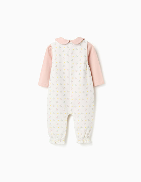 Long Sleeve Bodysuit + Jumpsuit with Motif for Newborn Girls, Pink/White