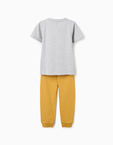 Cotton Pyjamas with Nap Ninja Print for Boys, Grey/Mustard Yellow