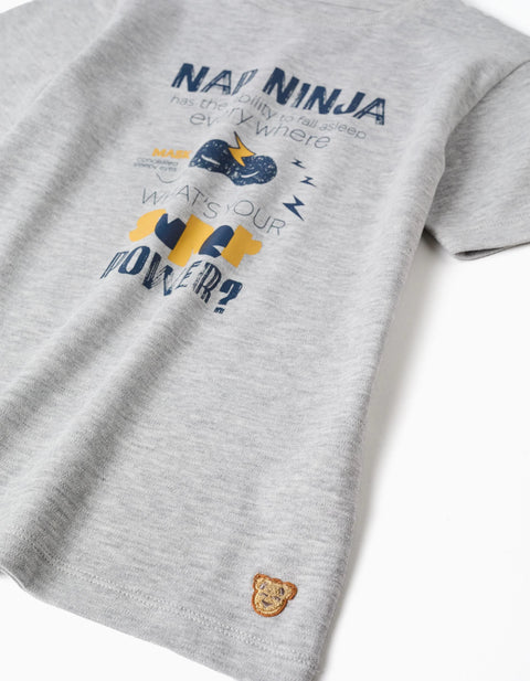 Cotton Pyjamas with Nap Ninja Print for Boys, Grey/Mustard Yellow