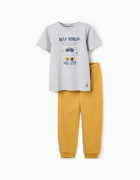 Cotton Pyjamas with Nap Ninja Print for Boys, Grey/Mustard Yellow