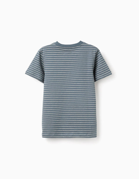 Cotton T-Shirt with Jacquard Stripes for Boys, Blue/Beige