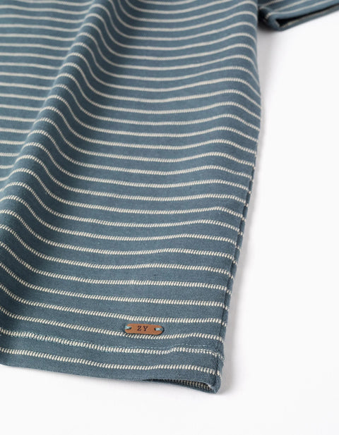 Cotton T-Shirt with Jacquard Stripes for Boys, Blue/Beige