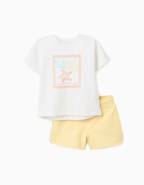 T-Shirt with Starfish Print + Shorts in Cotton for Girls, White/Yellow