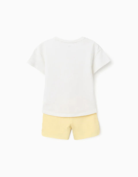 T-Shirt with Starfish Print + Shorts in Cotton for Girls, White/Yellow